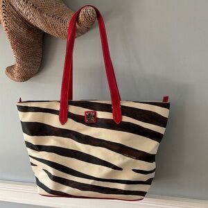 Dooney & Bourke Brown and Cream Zebra-Print Tote with Red Handles